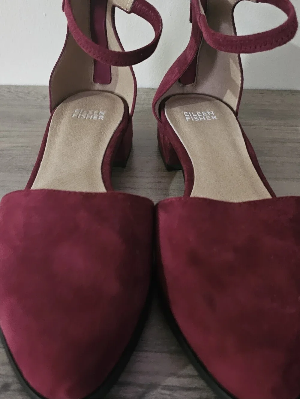 Eileen Fisher Hutton Suede Ankle Strap Flat deep red burgundy 8